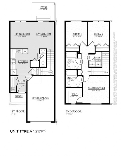 Floor plan for 3 beds, 2.5 baths, 1217 sqft